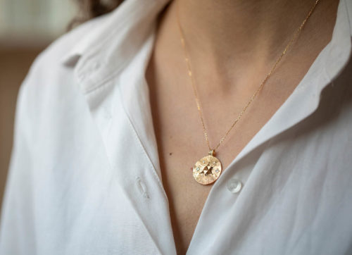 Celine Daoust Protection and Believes Yellow Gold Medal Diamonds and Dangling Star Necklace