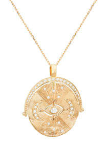Celine Daoust Mandala Yellow Gold Medal Diamonds and Dangling Eye Necklace