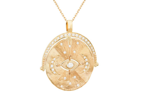 Celine Daoust Mandala Yellow Gold Medal Diamonds and Dangling Eye Necklace