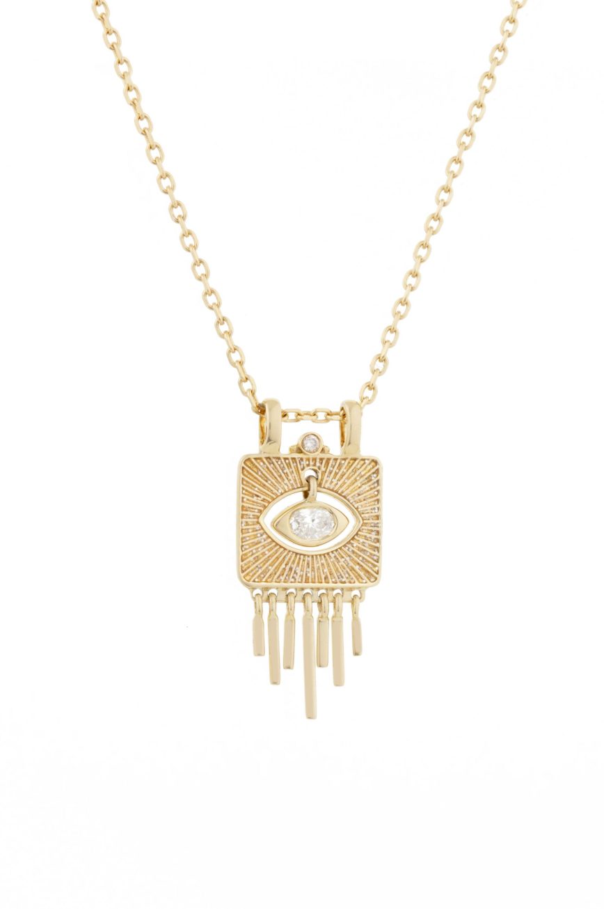 Celine Daoust Guardian Spirit Sunbeams Gold Plate with Glitter Enamel and Dangling Diamond Eye Necklace