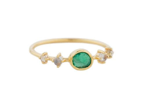 One of a Kind Emerald with 2 Diamonds & Moonstones Ring