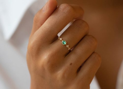 One of a Kind Emerald with 2 Diamonds & Moonstones Ring