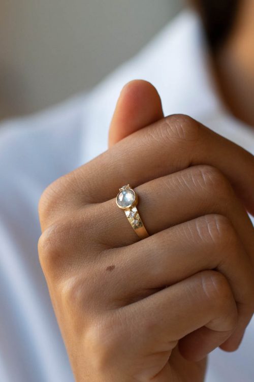 Round Grey Diamond and Square Diamonds Ring