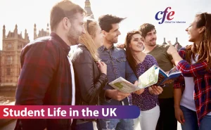 Student Life in the United Kingdom with students walking through a university campus