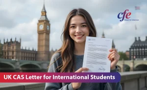 Smiling international student holding a UK CAS letter with Big Ben in the background, representing successful admission for international students in the UK