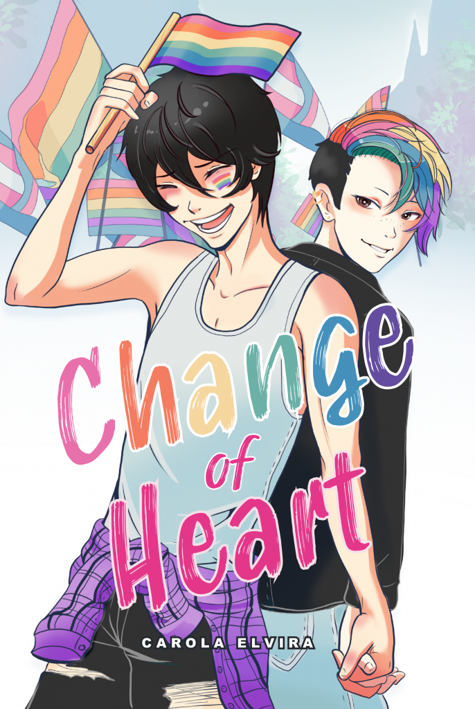 Change of Heart cover art. Noa grinning widely while waving a rainbow flag in his one hand, his other is claspig Haru's. Haru is looking over Noa's shoulder with a knowing smirk on his face, and his rainbow fringe falling into his face.
In the background different pride flags are waving in the wind. Noa is dressed in a light tank top, with ripped jeans and a purple tartan shirt tied around his waist. Haru's wearing a black jacket, and blue jeans.
Splashed across the cover is the title: Change of Heart and the authors name: Carola Elvira.
