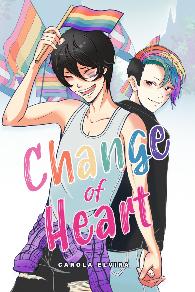 Change of Heart cover art.  Noa grinning widely while waving a rainbow flag in his one hand, his other is claspig Haru's. Haru is looking over Noa's shoulder with a knowing smirk on his face, and his rainbow fringe falling into his face. In the background different pride flags are waving in the wind. Noa is dressed in a light tank top, with ripped jeans and a purple tartan shirt tied around his waist. Haru's wearing a black jacket, and blue jeans. 
Splashed across the cover is the title: Change of Heart and the authors name: Carola Elvira.