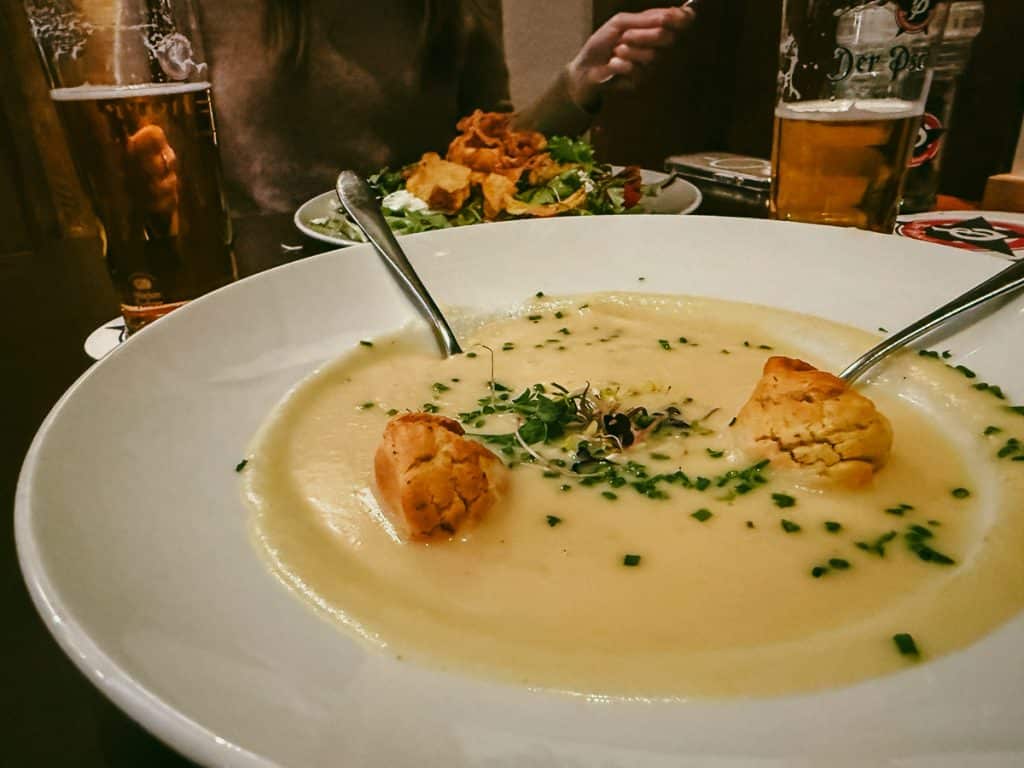 a bowl of potato soup with dumplings enjoyed after one day in Munich