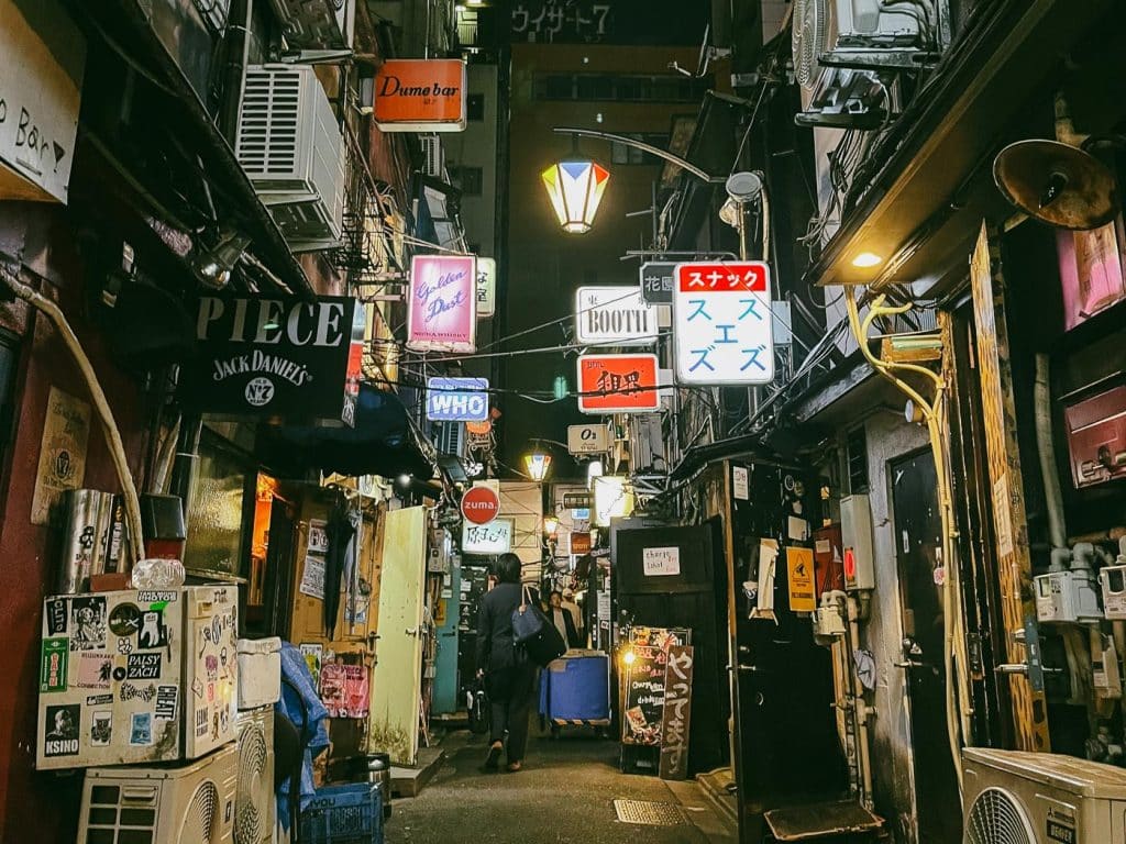 A view of the golden gai distrcit, a great place to visit when wondering how to meet people while traveling in japan