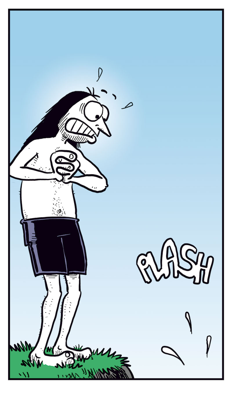 Panel 1:
Ronny and his son Balder are standing on a cliff by the sea. Ronny says:
"Only the bravest of us dare jump from up here..."

Panel 2:
Balder jumps off the cliff yelling:
"Geronimoo!"
Ronny stands shocked behind him.

Panel 3:
Ronny stands nervously at the edge, sweating, while we hear a "Splash" from the water below.

Panel 4:
Ronny stares down. From below, Balder shouts:
"You coming, Dad?"

Panel 5:
Ronny walks away and says:
"Even the bravest don't swim right after eating!"
Then adds:
"Man, that ice cream stuffed me!"