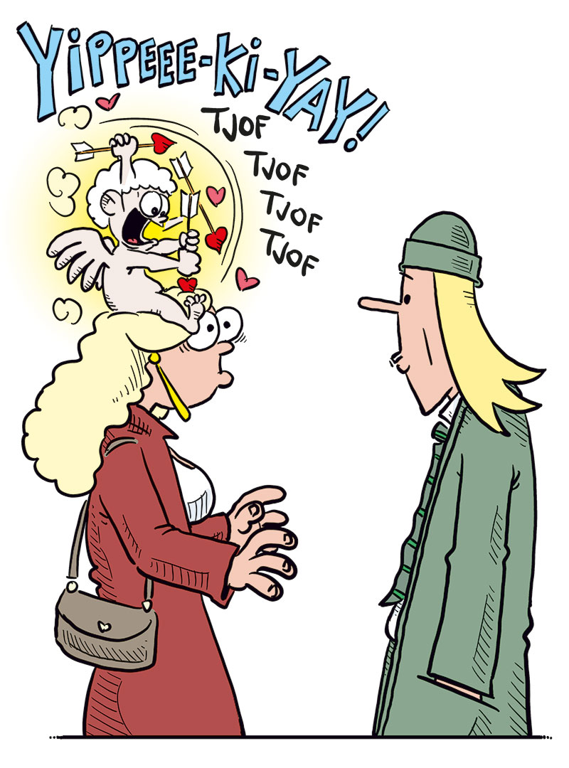 Panel 1: Rita and Toby stand outside in the city at night, surrounded by tall buildings with glowing windows. Rita smiles and says, &ldquo;Thanks for a really nice evening!&rdquo; Toby replies, &ldquo;Same here&hellip;&rdquo; looking a bit uncertain.

Panel 2: Suddenly, Cupid appears above Rita&rsquo;s head shouting, &ldquo;Yippee-ki-yay!&rdquo; He fires a flurry of love arrows at her, making quick &ldquo;thof thof thof&rdquo; sounds. Rita freezes in surprise, eyes wide open.

Panel 3: Now blushing and full of hearts, Rita smiles and asks, &ldquo;Wait! How about a beer at my place?&rdquo; Toby beams and responds eagerly, &ldquo;I&rsquo;d love that!&rdquo;

Panel 4: Up in the clouds, the other cherub watches while Cupid sits relaxed, sipping wine. The first cherub says, &ldquo;Kind of out of the box, but it works!&rdquo; Cupid answers contentedly, &ldquo;The things we do for love!&rdquo;