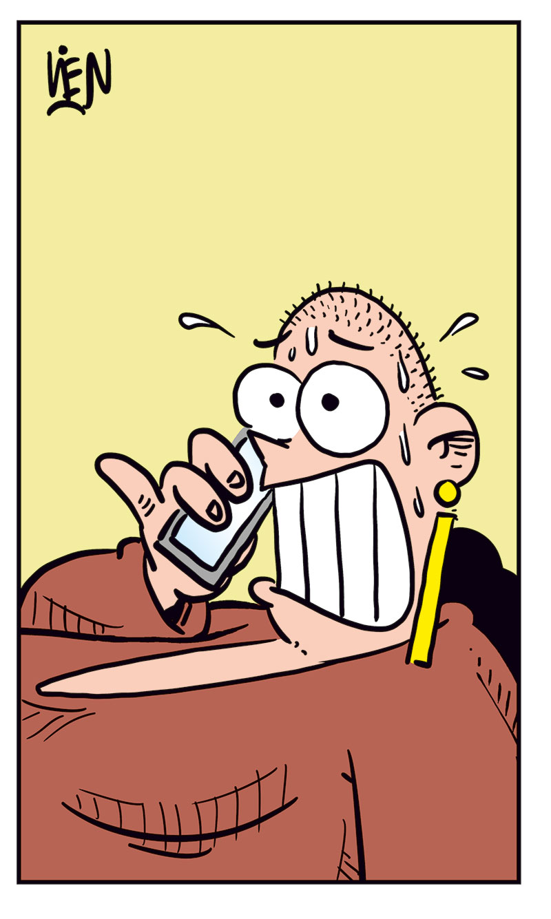 Panel 1:
Greta is talking on the phone, wide-eyed and eager. She says: &ldquo;Hello? I&rsquo;d like to order a big...&rdquo;

Panel 2:
Emma, startled, answers the phone and says: &ldquo;Greta??&rdquo;

Panel 3:
Greta, shocked and panicked, yells: &ldquo;Oh crap! Sorry! Wrong number! I was just trying to get something to eat!&rdquo;

Panel 4:
Emma looks suspicious and unimpressed, raising an eyebrow as she asks: &ldquo;Eat what?&rdquo;

Panel 5:
Greta sits frozen in place, sweating nervously, still clutching the phone with a stiff, anxious grin.