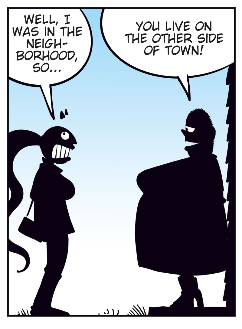 Panel 1: Emma and Greta are outside the house. Greta is standing in the doorway. Emma says: "Hi!" Greta says: "Emma?! Wow, this is a surprise!" 
Panel 2: They are facing each other in profile. Emma says: "Well, I was in the neighborhood, so..." Greta says: "You live on the other side of town!" 
Panel 3: Emma smiles broadly and gestures with her hands. Emma says: "Okay, fine! I just wanted to ask if maybe we could grab another coffee...?" Greta grins and says: "More coffee, huh..." 
Panel 4: Emma holds her head and looks embarrassed. Emma says: "Oh my God, how embarrassing! That's not what I meant!" Greta grins wider and says: "Of course we can have more coffee, Emma! Come on in!"