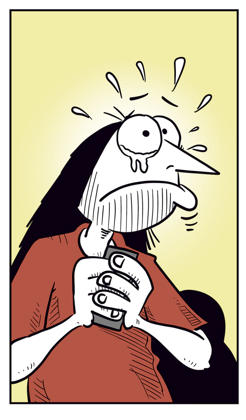 Panel 1:
Ronny is standing and talking on his mobile phone.
Ronny says: "Svein? You over at Metal-Egil&rsquo;s? Uhm&hellip; did you guys manage to get tickets?"
Panel 2:
Svein and Metal-Egil are sitting on a couch. Svein is speaking on the phone while Metal-Egil sits beside him.
Svein says: "For the Zatanicon concert? Yeah, of course we did! Didn&rsquo;t you?"
Panel 3:
Ronny stands still holding the phone in distress, with beads of sweat on his face.
Panel 4:
Ronny suddenly smiles cunningly and holds the phone to his ear.
Ronny says: "Yeah, sure! Listen, I might swing by later tonight!"
Panel 5:
Svein and Metal-Egil are still sitting on the couch, looking at each other.
Svein says: "We should probably hide our tickets&hellip;"