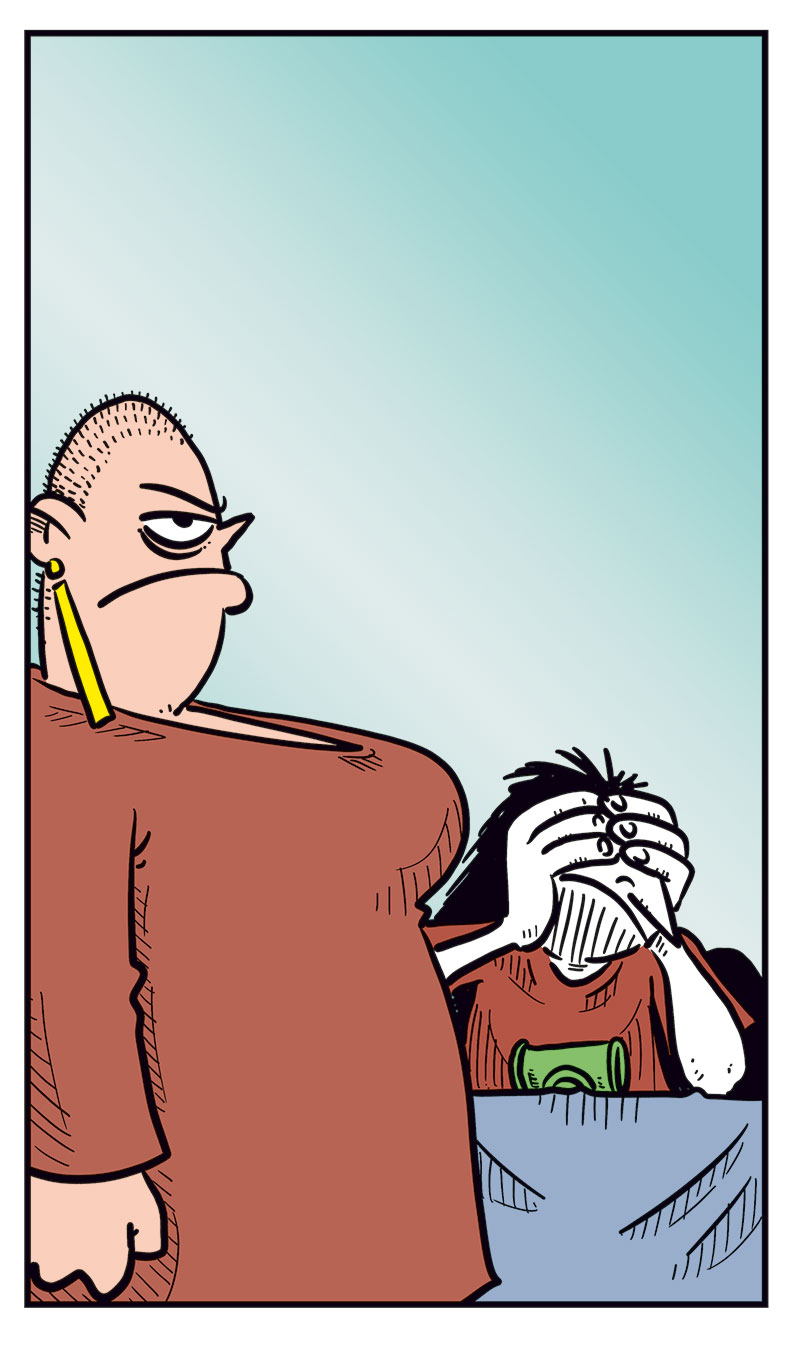 Panel 1:
Gry stands in front of a sulking Ronny, who&rsquo;s sitting at a table with a beer.
Gry: &ldquo;Why the heck are you sitting here sulking?&rdquo;
Ronny: &ldquo;Get lost!&rdquo;
Panel 2:
Mounir steps in: &ldquo;He didn&rsquo;t manage to get a ticket for his favorite band&rsquo;s final show here in Norway!&rdquo;
Panel 3:
Gry reacts strongly and starts yelling: &ldquo;The world&rsquo;s full of war and misery, and you&rsquo;re whining about that? You boggin&rsquo; infant!&rdquo;
Ronny: &ldquo;Yeah? At least I don&rsquo;t always whine about how fat I am!&rdquo;
Panel 4:
Gry is clearly about to explode, while Ronny realizes he&rsquo;s messed up.
Panel 5:
Ronny has an ice pack on his head.
Ronny: &ldquo;Me and my big mouth&hellip;&rdquo;
Toby: &ldquo;Luckily for you, she&rsquo;s taken anger management!&rdquo;
Ronny: &ldquo;Yeah, right!&rdquo;