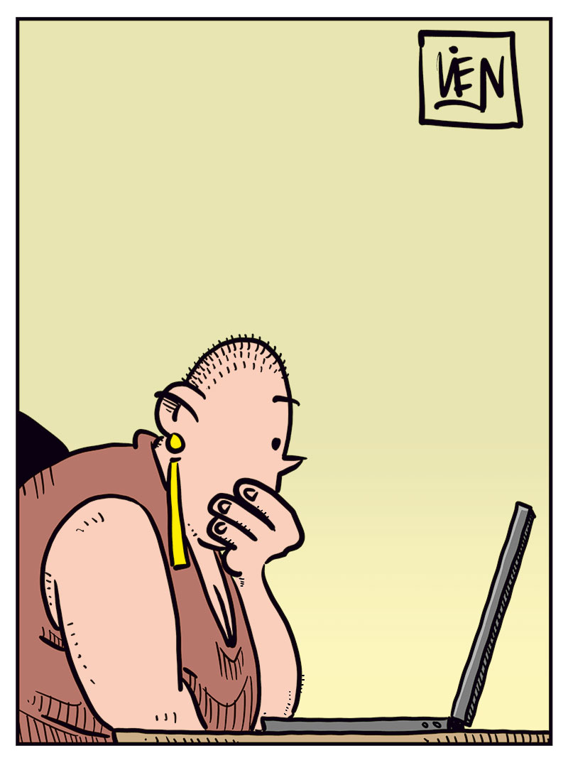 Panel 1: Greta sits in front of a laptop and looks at an ad on the screen. The ad says: &ldquo;Buy Oxendick weight-loss injections from us! Results guaranteed! Order here!&rdquo;

Panel 2: Greta reacts to the ad and thinks: &ldquo;INJECTIONS? Have people completely lost their minds? Who the hell is desperate enough to buy something like that?!&rdquo;

Panel 3: Greta sits quietly in front of the laptop with her hand to her mouth, thinking it over. 

Panel 4: Greta clicks on the laptop. Above the screen, the ad appears again with the text: &ldquo;Order here!&rdquo; Next to her finger is the sound effect: &ldquo;CLICK!&rdquo;