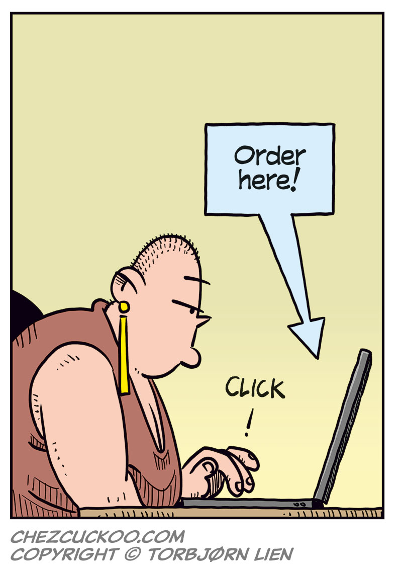 Panel 1: Greta sits in front of a laptop and looks at an ad on the screen. The ad says: &ldquo;Buy Oxendick weight-loss injections from us! Results guaranteed! Order here!&rdquo;

Panel 2: Greta reacts to the ad and thinks: &ldquo;INJECTIONS? Have people completely lost their minds? Who the hell is desperate enough to buy something like that?!&rdquo;

Panel 3: Greta sits quietly in front of the laptop with her hand to her mouth, thinking it over. 

Panel 4: Greta clicks on the laptop. Above the screen, the ad appears again with the text: &ldquo;Order here!&rdquo; Next to her finger is the sound effect: &ldquo;CLICK!&rdquo;
