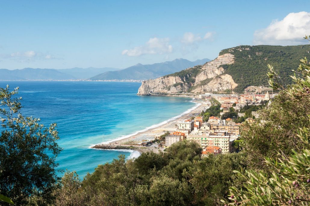 View from olive groves overlooking Finale Ligure and the coastline toward San Remo. Credit Susan Wright for The New York Times