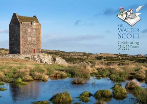 Photo of Smailholm Tower in front of some water and grass. Text reads: Sir Walter Scott, celebrating 250 years