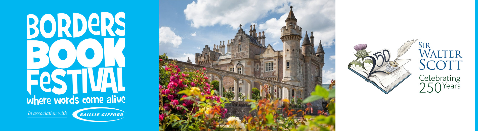 Borders Book Festival logo; image of Abbotsford; Sir Walter Scott "celebrating 250 years"