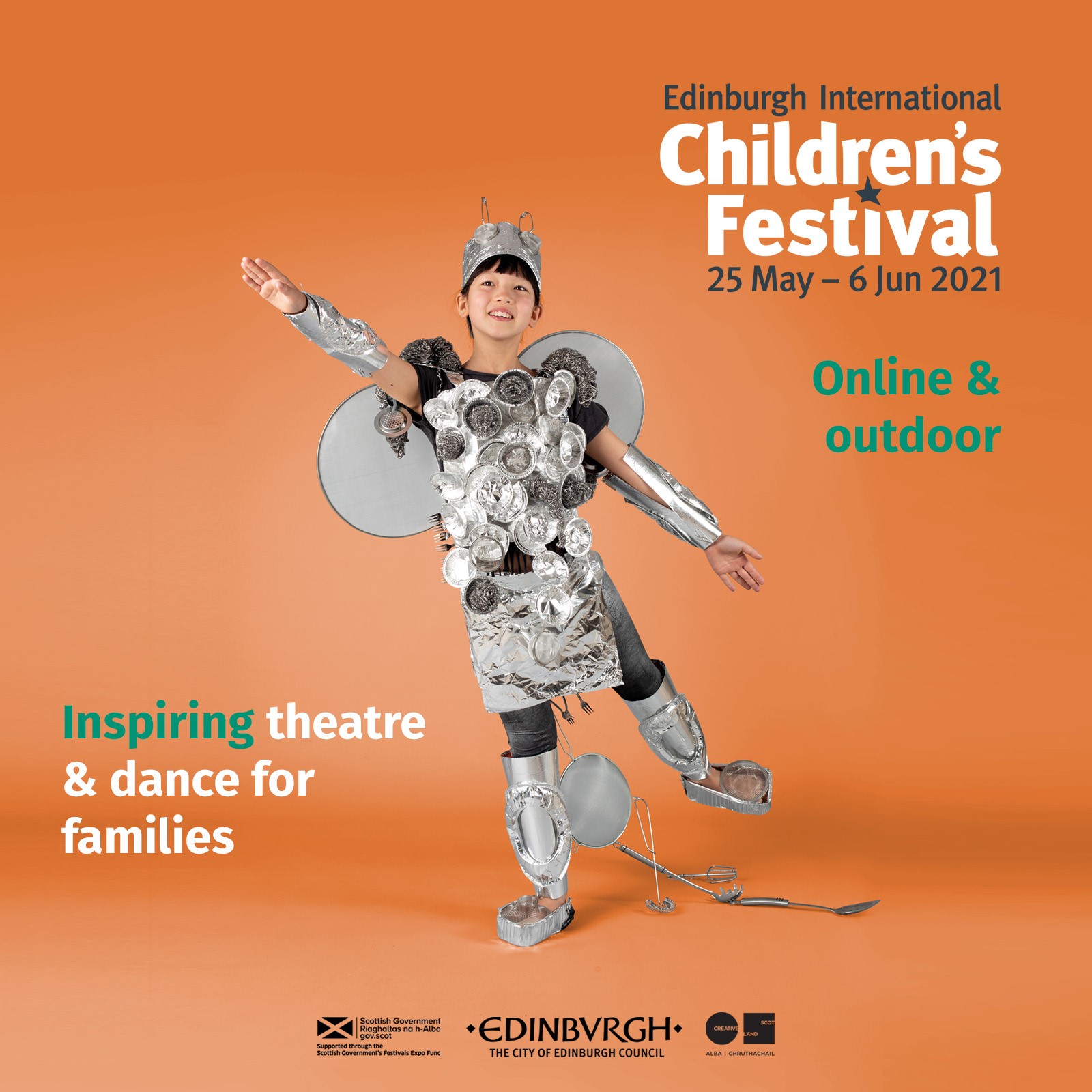 Poster for 2021 Children's Festival: Edinburgh International Children's Festival. 25 May - 6 June 2021. Online and outdoor. Inspiring theatre and dance for families.