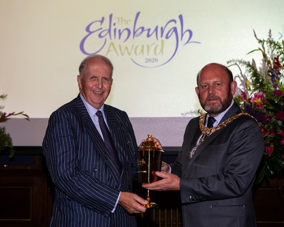 Alexander McCall Smith receiving his Edinburgh Award from Lord Provost Frank Ross