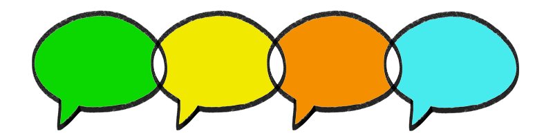 Four speech bubbles in green yellow blue and orange