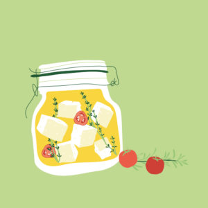 Feta and tomato in jar illustration