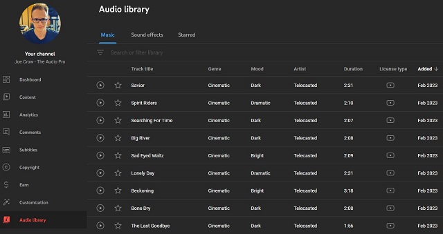 youtube audio library free music screenshot
