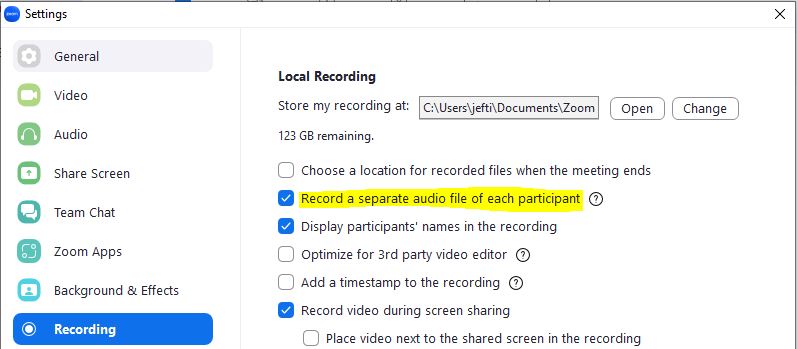 zoom podcast recording settings window