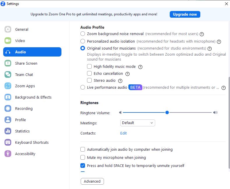 zoom software audio settings screenshot