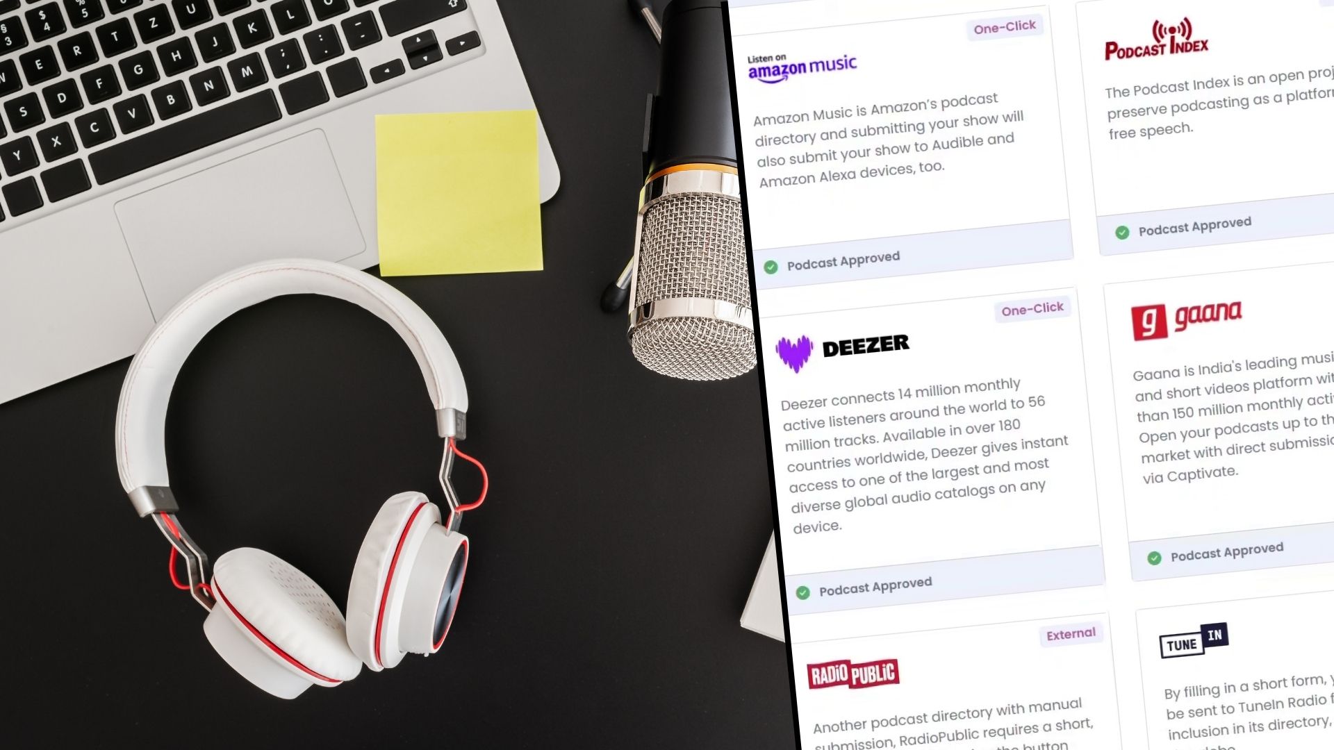 headphones, laptop, microphone, screenshot of podcast hosting site