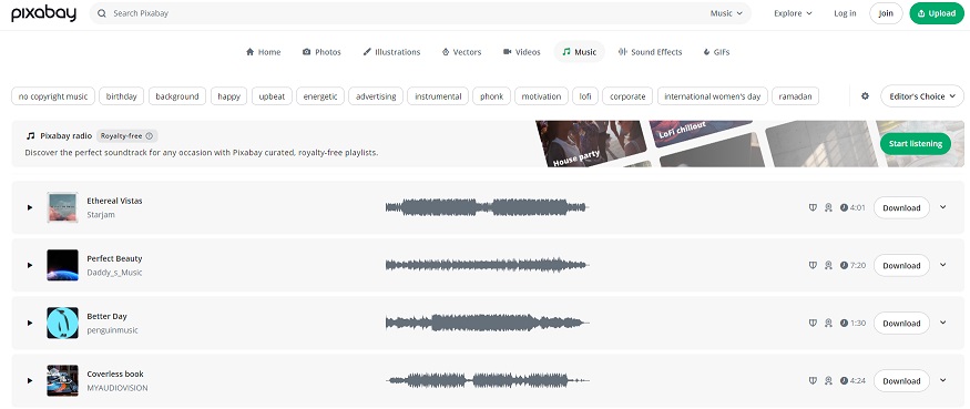 pixabay podcast music screenshot