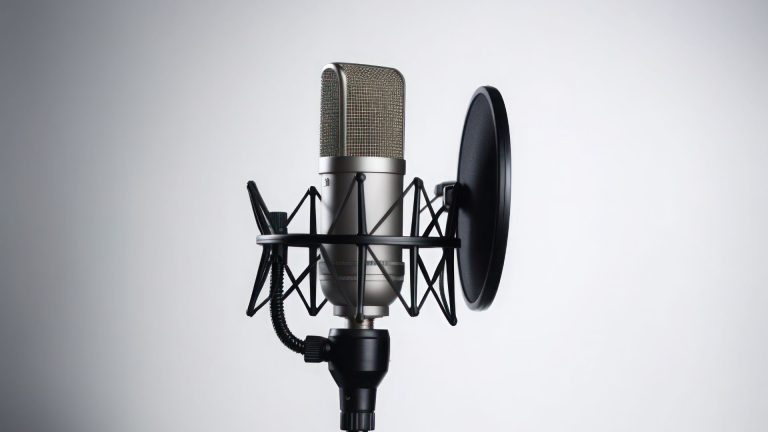 microphone on stand with pop filter on a white background