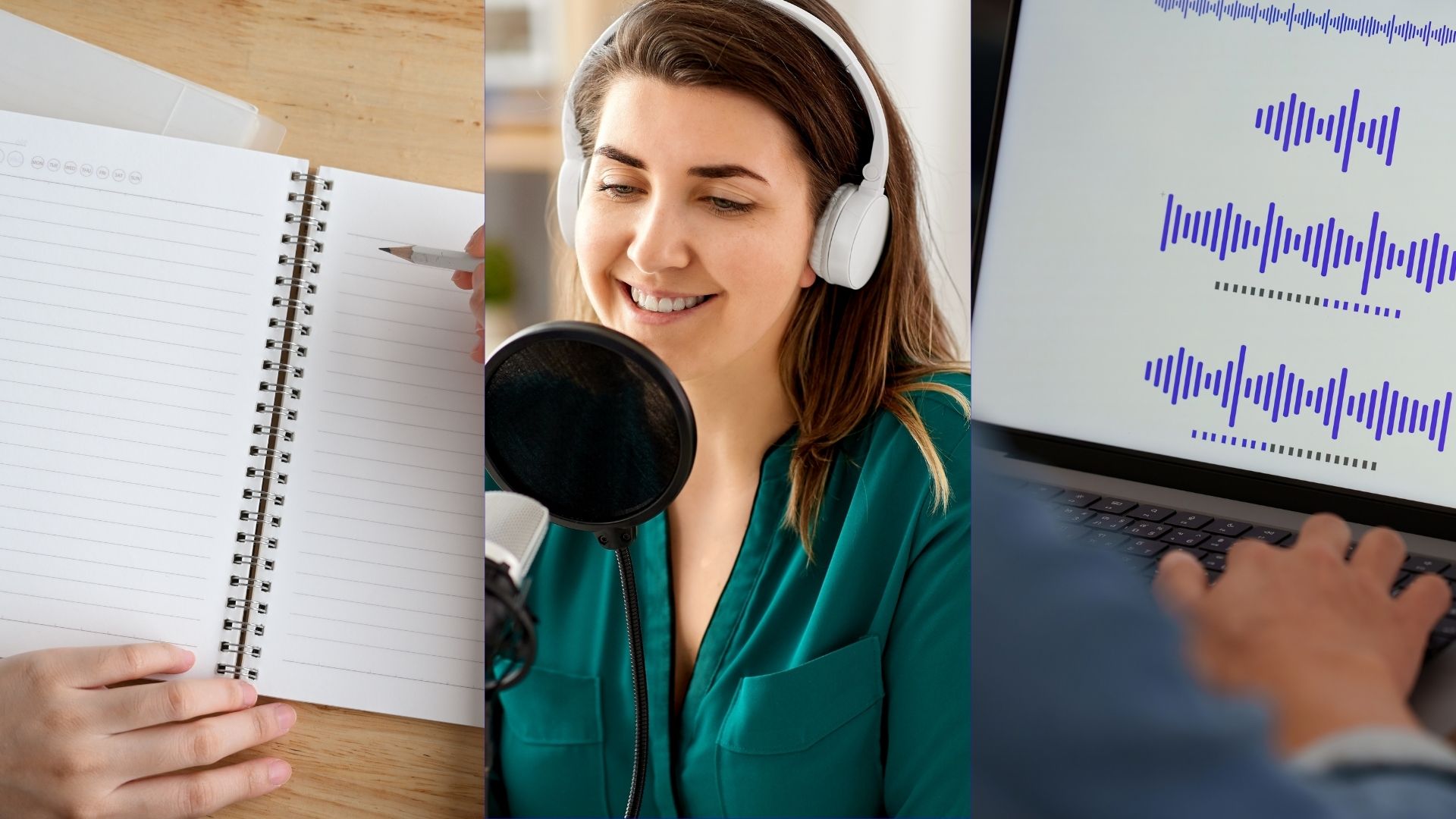 notebook, woman wearing headphones in front of microphone and hand on laptop keyboard