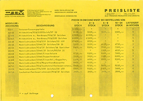 DTM Preislist 01-11-1977