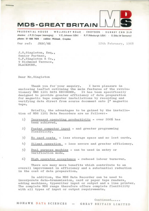 MDS letter to G.F. Singleton & Co.