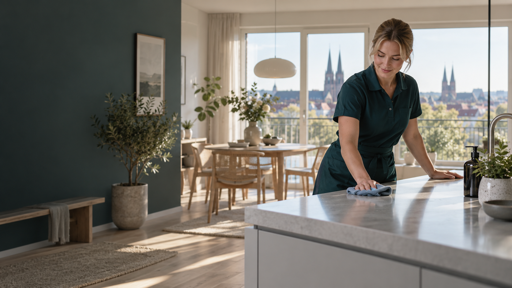 Professionell städare arbetar i ett ljust skandinaviskt hem