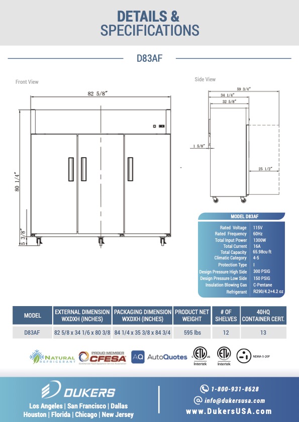 Commercial Three (3) Door Top Mount Freezer in Stainless Steel DUKERS D83AF