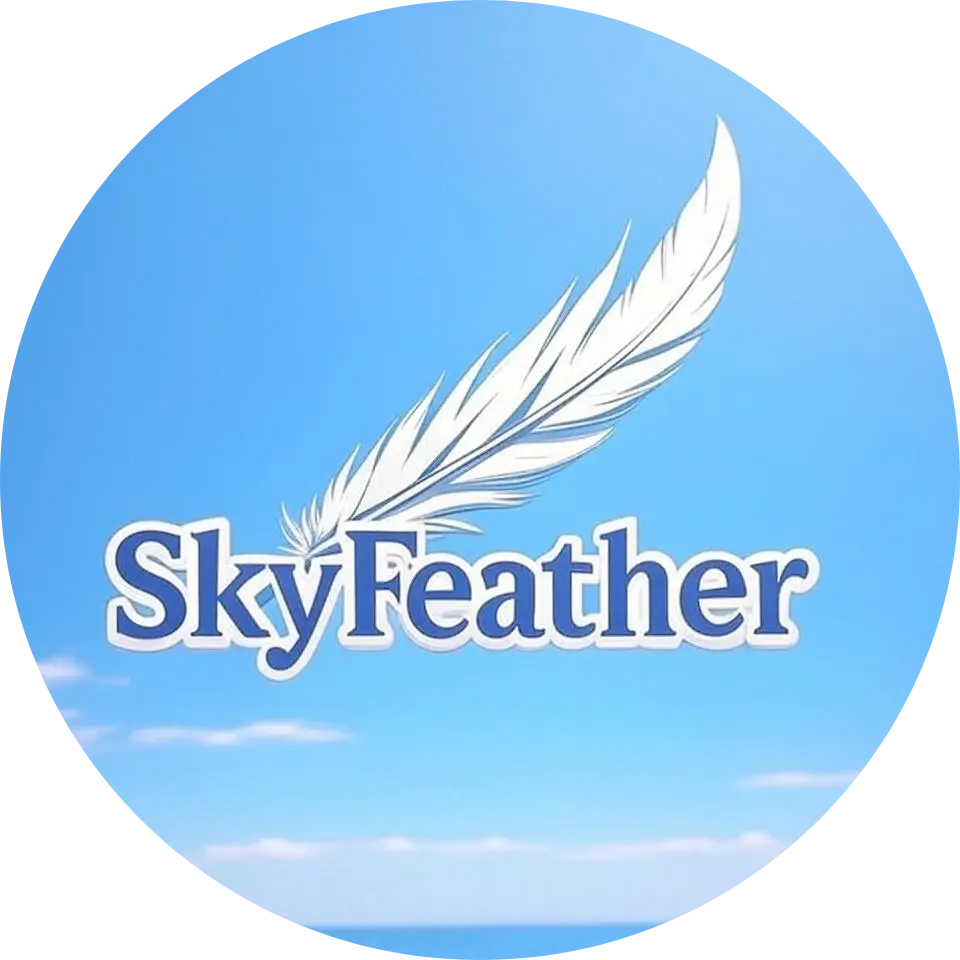 Skyfeather logo: Stylized goose feather shuttlecock in blue and white, symbolizing affordable badminton excellence.