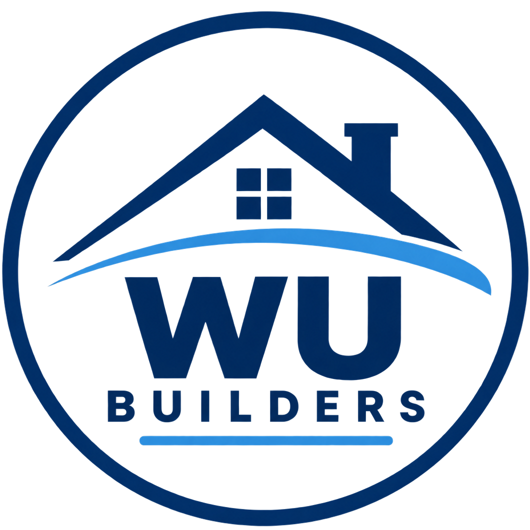 Wu Builders logo featuring a stylised house roof, chimney and window in a modern blue design.