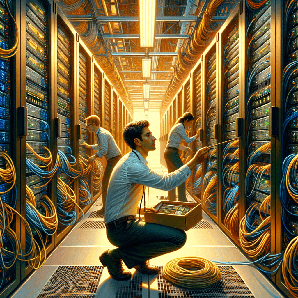 Create an image in the style of a Ghibli-inspired anime oil painting, depicting DevOps sitting in a data center.
