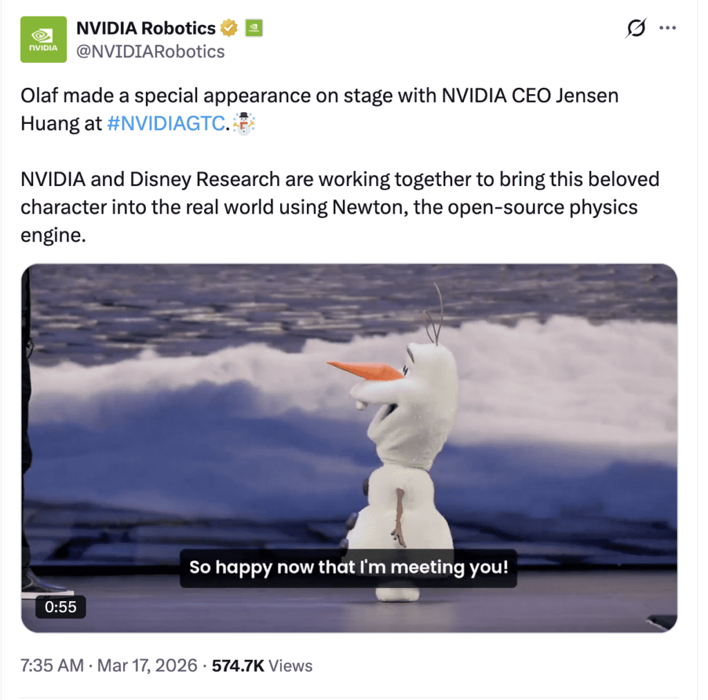 NVIDIA Olaf robot showcasing advanced AI technology