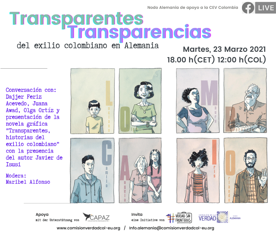 Transparentes es una novela gráfica, que incluye comics, creada por Javier de Isusi, sobre el exilio colombiano en Europa.