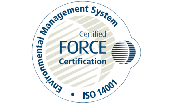 Circular badge with blue text on a white background. "Certified FORCE Certification" in center, surrounded by "Environmental Management System ISO 14001."