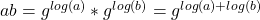 ab={g^{log(a)}}*{g^{log(b)}}=g^{log(a)+log(b)}