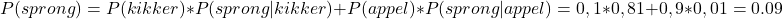 \[P(sprong)= P(kikker)*P(sprong|kikker) + P(appel)*P(sprong|appel)=0,1*0,81+0,9*0,01= 0.09\]