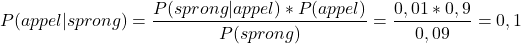 \[P(appel|sprong)=\frac{P(sprong|appel)*P(appel)}{P(sprong)}=\frac{0,01*0,9}{0,09}=0,1\]