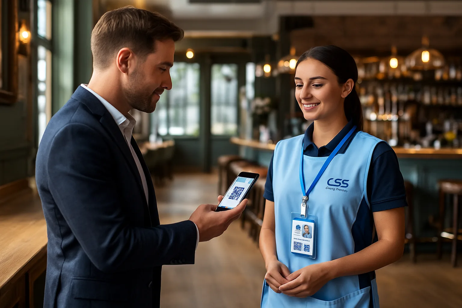 CSS Cleaning Services staff member having their ID badge QR code scanned on site