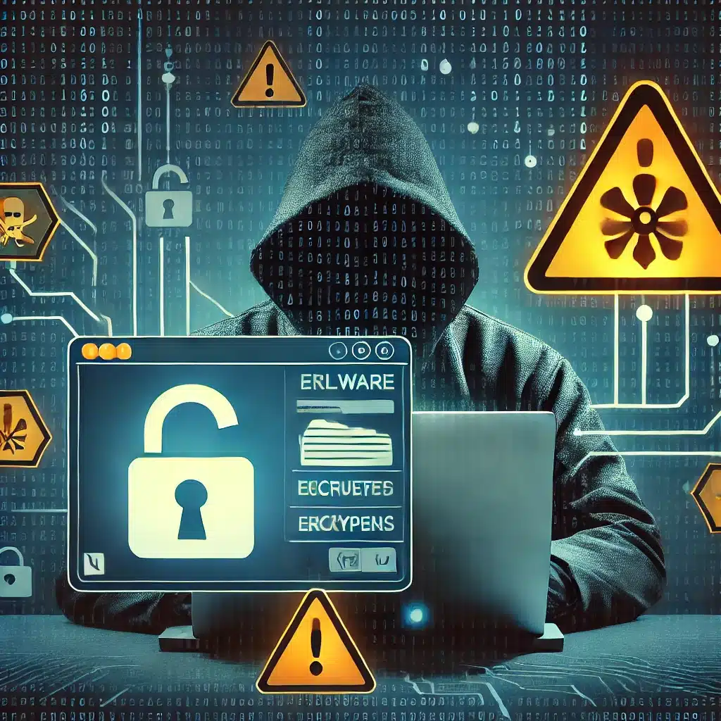 A depiction of malware showing a computer screen with files being encrypted. Include elements such as warning symbols, a lock icon on files, and a hacker silhouette in the background. The overall tone should highlight the seriousness of the threat, emphasizing data security and protection, without any ransom message.